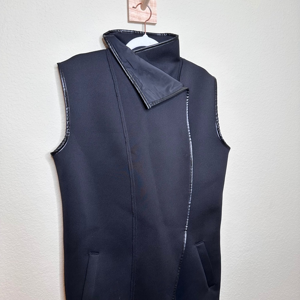 Metamorphoza Black Neoprene Asymmetrical Wrap Vest Funnel Neck Longline Jacket M - Picture 2 of 8